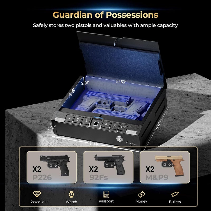 ONNAIS Iron PRO Biometric Fingerprint Gun Safe for Handgun, Swift Entry Gun Lock Box Featuring with Interior Light and Emergency Power Supply, Pistol Safes for Home, Nightstand, Bedside, and Car - Image 3